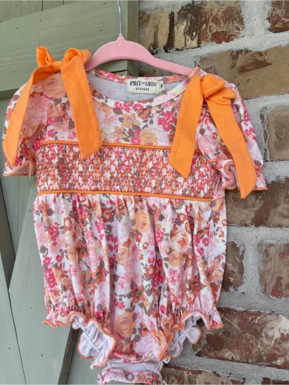 Floral Smocked Bubble with Peach Bow Straps